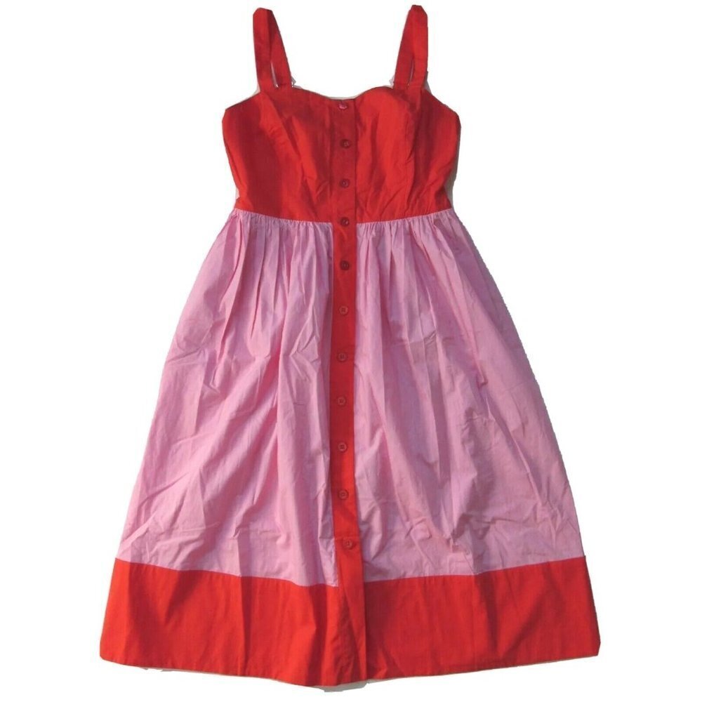 NWT Kate Spade Colorblock Poplin Sundress in Lava Red Pink Cotton Shirt Dress 10